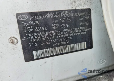 2017 Hyundai Sonata Se из США, поврежденный, VIN 5NPE24AF2HH517924